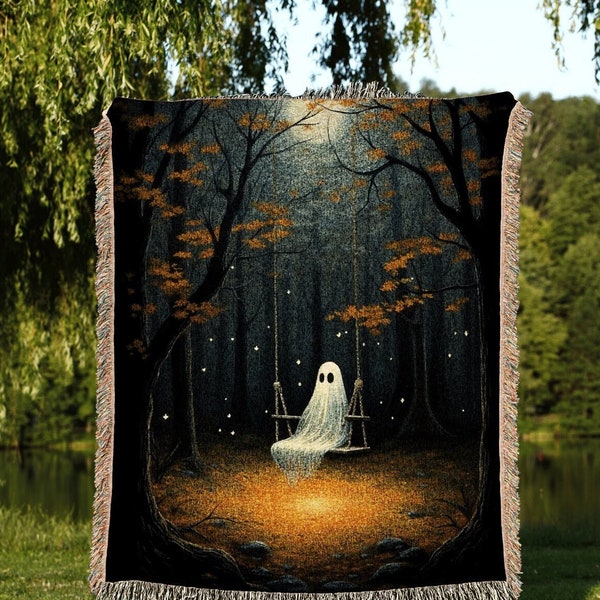 Haunted Forest Ghost on a Swing | Fall Aesthetic Vintage Ghost Art Woven Tapestry Halloween Decor Dark Academia Wall Art Ghost Blanket Woven