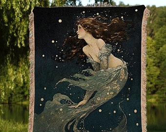 Celestial Mermaid Tapestry | Mermaid Aesthetic Celestial Wall Art Cottagecore Decor Art Nouveau Tapestry Woven Blanket Fairycore Decor |