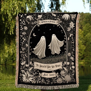 Ghost Couple 'Till Death Do Us Part' | Personalized Wedding Blanket Spooky Halloween Tapestry Woven Ghost Gifts His & Hers Anniversary Gifts