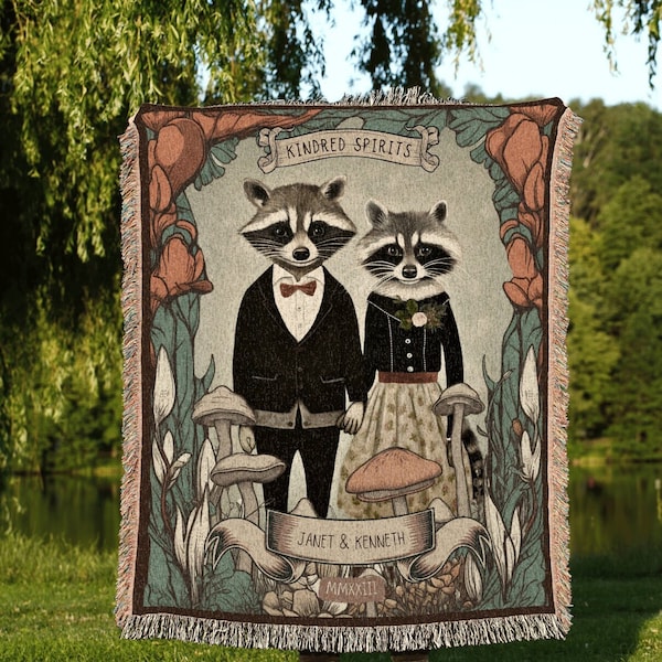 Custom Raccoon Couples Blanket | Cottagecore Couple Gothic Raccoon Blanket Couples Tapestry Personalized Mr & Mrs Custom Anniversary Blanket