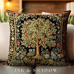 Medieval Botanical Throw Pillow | William Morris Inspired Accent Pillow Cushion Woven Medieval Aesthetic Pastel Danish Renaissance Decor