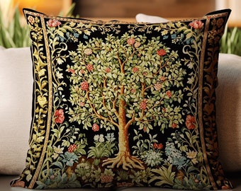 Medieval Botanical Throw Pillow | William Morris Inspired Accent Pillow Cushion Woven Medieval Aesthetic Pastel Danish Renaissance Decor