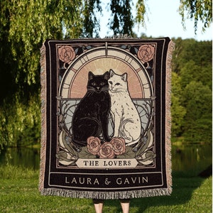 Celestial Wedding Tapestry | Cat Couple Tarot Card Blanket Personalized Anniversary Gift | Celestial Art Nouveau Tarot Card Custom Couples |