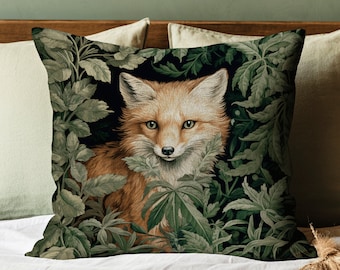 Gothic Fox Pillow Woven Botanical Tapestry Cushion | Dark Academia Woodland Wildlife Pillow Moody Victorian Gothic Forest Animal Accent