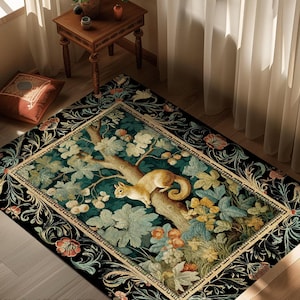 Botanical Morris Rug | Forest Theme Decor William Morris Style Cottagecore Reading Corner Dark Fairycore Room Mystical Woodland Aesthetic