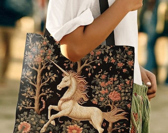 Mystic Unicorn Tapestry Tote | Gift for Unicorn Lover Dark Cottagecore Dark Floral Satchel Fairy Core Bookbag Pastel Fairycore Shoulderbag |