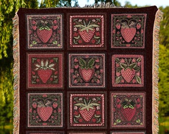 Dark Cottagecore Coquette Strawberry Tapestry Throw Victorian Gothic Decor | Vintage Aesthetic Retro Red Berry Checkered Blanket Woven Art