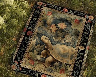 Ornate Floral Picnic Blanket | Tortoise Decor Morris Style Cottagecore Reading Corner Tapestry Dark Fairycore Room Mystical Woodland Throw