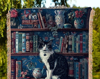 Witchy Library Cat Lover Blanket | Dark Academia Whimsical Cat Bookshelf Gift for Reading Corner Tapestry Mystic Aesthetic Moody Bedroom Art