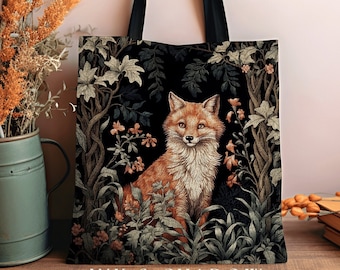Boho Botanical Fox Tapestry Tote | Dark Cottagecore William Morris Inspired Tote Bag Aesthetic Medieval Tapestry Bag Victorian Fox Fairycore