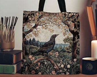 Woven Tapestry Tote Crowcore Bag | Gothic Tote William Morris Inspired Raven Tote Bag Crow Core Satchel Maximalist Tapestry Tote Bag Gothic
