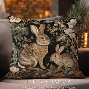 Dark Woodland Creatures Pillow | Couch Cushion William Morris Throw Cottagecore Bunny Decor Rustic Spring Rabbit Pastel Housewarming Gift