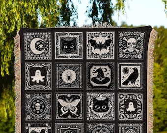 Witchy Woven Cotton Throw Spooky Creepy Witch Blanket Cute Halloween Tapestry Scary Spooky Season Nights Gift for Goths Dark Aesthetic Decor