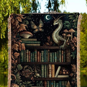 Whimsical Fantasy Bookshelf Enchanted Forest Fairycore Dragon Blanket | Romantic Academia Woodland Fairytale Tapestry Throw Bookish Bedding