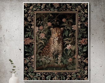 Leopard Tapestry Dark Floral | Nature Inspired Room Decor Morris Aesthetic Fairycore Boho Bedroom Throw Blanket Jungle Cheetah Nursery Decor