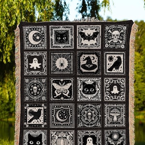 Witchy Woven Cotton Throw Spooky Creepy Witch Blanket Cute Halloween Tapestry Scary Spooky Season Nights Gift for Goths Dark Aesthetic Decor
