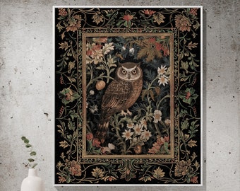 Eclectic Owl Tapestry Woven | Whimsical Decor William Morris Inspired Forest Aesthetic Fairycore Bedroom Throw Blanket Floral Owl Decoration