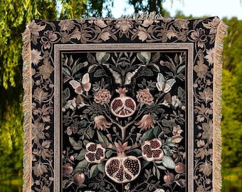 Victorian Gothic Pomegranate Tapestry Blanket Dark Botanical Vintage Aesthetic Decor | Enchanted Forest Wildflower Art Butterfly Woven Throw