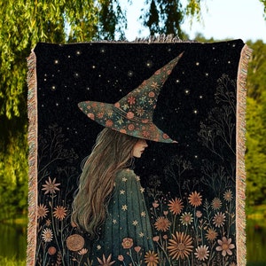 Whimsigothic Witchy Woven Wildflower Throw Celestial Cottagecore Decor | Whimsical Vintage Aesthetic Witch Tapestry Blanket Gothic Fairycore