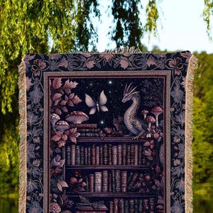 Fairytale Books & Dragon Blanket Mystical Cottagecore Purple Throw | Whimsical Witchy Reading Nook Tapestry Enchanted Victorian Academia Art