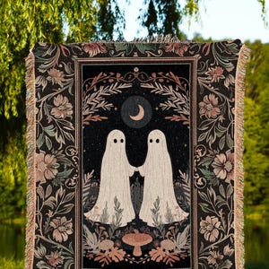 Haunting Ghost Friends Tapestry Blanket Indie Room Decor Vintage Halloween Tapestry Woven Blanket | Haunted Forest Ghost Dark Academia Decor