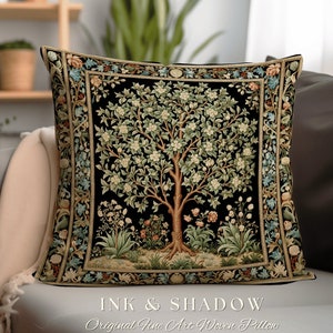 Folk Art Tree Pillow Victorian | William Morris Inspired Accent Pillow Cushion Woven Medieval Aesthetic Pastel Botanical Renaissance Decor