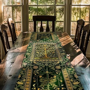 Golden Aesthetic Tree of Life Table Runner | Emerald Botanical Decor Romantic Folklore Gothic Vintage Floral Maximalist Dining Room Accent |