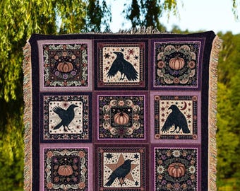 Witchy Whimsical Raven Pumpkin Throw Purple Halloween Aesthetic Cozy Decor | Gothic Tapestry Blanket Crowcore Retro Celestial Cottagecore
