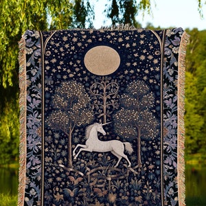 Medieval Fairytale Unicorn Tapestry | Gothic Whimsical Eclectic Fairycore Woven Blanket Victorian Gothic Dark Floral Decor French Baroque |