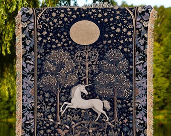 Medieval Fairytale Unicorn Tapestry | Gothic Whimsical Eclectic Fairycore Woven Blanket Victorian Gothic Dark Floral Decor French Baroque |
