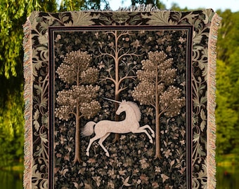 Magic Aesthetic Woven Tapestry Unicorn Blanket Cottagecore Style | Dark Academia Folklore Decor Gothic Maximalist Gift for Fantasy Lover