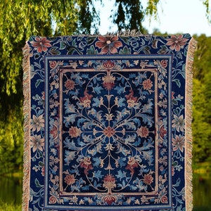 Baroque Medieval Florals Throw Blanket | Renaissance Themed Woven Tapestry Victorian Gothic Decor Elegant Botanical Pattern Dark Academia