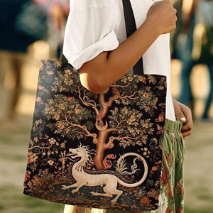 Woodland Dragon Mystical Tote | Gift for Dragon Lover Dark Cottagecore Satchel Fairy Core Bookbag Pastel Fairycore Tote Medieval Fantasy Bag