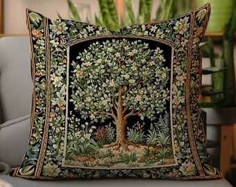 Maximalist Aesthetic Natrure Pillow | William Morris Inspired Tree Of Life Cushion Woven Medieval Aesthetic Pastel Botanical Renaissance