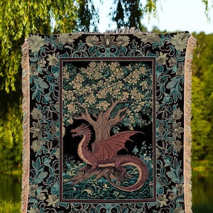 Middle Ages Woven Dragon Tapestry | Mythical Creatures Woodland Whimsy Fairycore Bedroom Baroque Fantasy Tapestry Throw Blanket Goblincore |