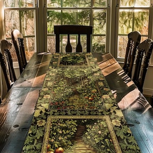 Fairytale Forest Botanical Table Runner | Mystic Aesthetic Woodland Home Magical Cottagecore Plant Loving Decor Housewarming Gift Emerald |