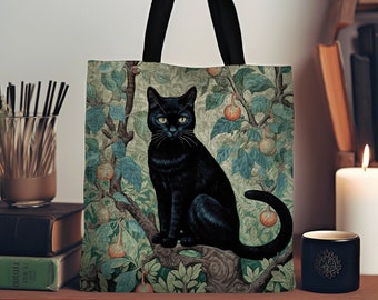 Dark Academia Black Cat Tote Bag Gothic Victorian Tapestry Bag | Dark Cottagecore Botanical Morris Style Tote Bag Aesthetic Cat Lover Gift