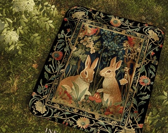 Bunnies in the Woodland Picnic Blanket | Spring Bunnies Woven Tapestry Inspired Forest Aesthetic Fairycore Bedroom Floral Bunny Victorian