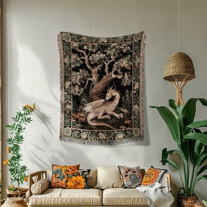 Dragon Lover Tapestry Blanket | Medieval Aesthetic Fairytale Nursery Decor Morris Style Cottagecore Fairycore Woven Throw Tapestry Gothic |