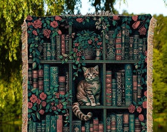 Cozy Library Blanket Cat Lover Cute | Whimsigothic Gift for Reading Corner Woven Blanket Mystic Aesthetic Moody Bedroom Decor Dark Floral |