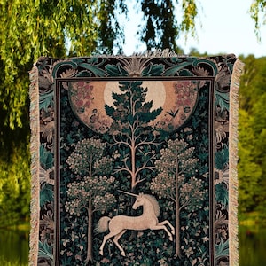 Moonlit Forest Mystical Unicorn Tapestry Blanket Medieval Fairycore Decor | Renaissance Whimsical Gothic Aesthetic Woven Throw Forestcore