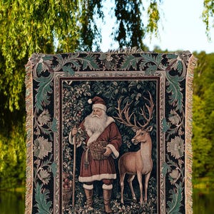 Enchanted Forest Christmas Blanket Whimsical Santa & Reindeer Tapestry Woven Throw, Rustic Festive Decor Victorian Cottagecore Holiday Gift