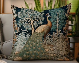 Ornate Peacock Throw Pillow | Woodland Botanical Cushion Woven Decor William Morris Style Forestcore Bedroom Dark Cottagecore Peacock Art