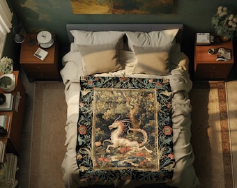 Dark Medieval Dragon Throw Blanket | Mystic Room Decor Morris Woven Tapestry Cottagecore Aesthetic Fairycore Bedroom Magical Dragon Theme |