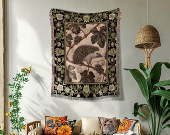 Maximalist Tapestry Hedgehog Decor | Whimsy Woodland Victorian Throw Blanket Cozy Cottagecore Rustic Throw Dark Fairy Aesthetic Hedgehog Art