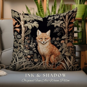 Fox Throw Pillow Woodland | Dark Academia William Morris Inspired Pillow Aesthetic Medieval Woven Pillow Victorian Gothic Fox Botanical |