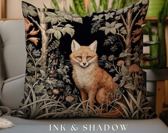 Fox Throw Pillow Woodland | Dark Academia William Morris Inspired Pillow Aesthetic Medieval Woven Pillow Victorian Gothic Fox Botanical |