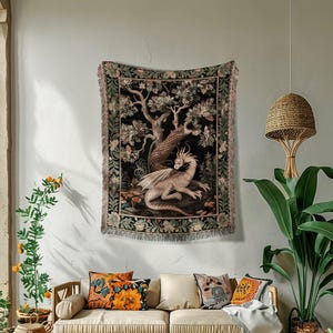 Dragon Lover Tapestry Blanket | Medieval Aesthetic Fairytale Nursery Decor Morris Style Cottagecore Fairycore Woven Throw Tapestry Gothic |