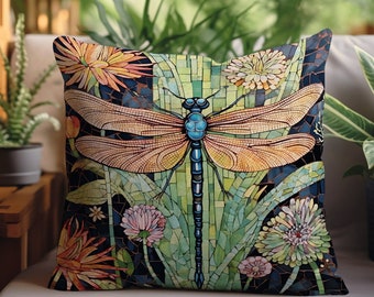 Stained Glass Dragonfly Pillow | Dragon Fly Cushion Woodland Forest Gift for Her Stained Glass Aesthetic Botanical Gothic Decor Cottagecore
