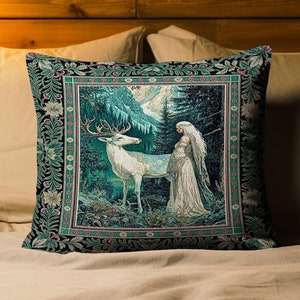 Magic Forest Princess Woven Throw Pillow | Fairytale Fantasy Renaissance Dark Academia Forest Ethereal Woodland Folklore Tapestry Cushion |